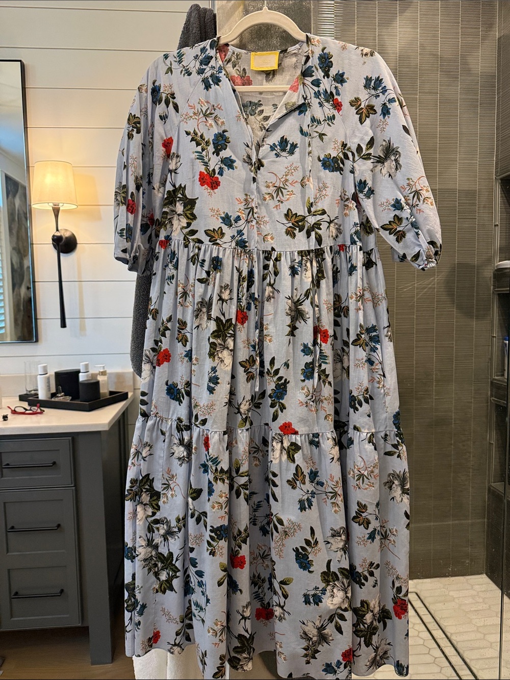 ERDEM Pale Blue Floral Tiered Midi Dress with Red and Blue Blooms